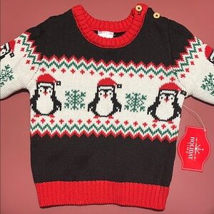 Holiday Time Festive Penguin Sweater - Red, Black, White